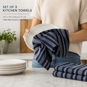 HOMEWEAR Navy Blue White Striped Kitchen Towels Set of 3‎ Recycled Cotton 18x28